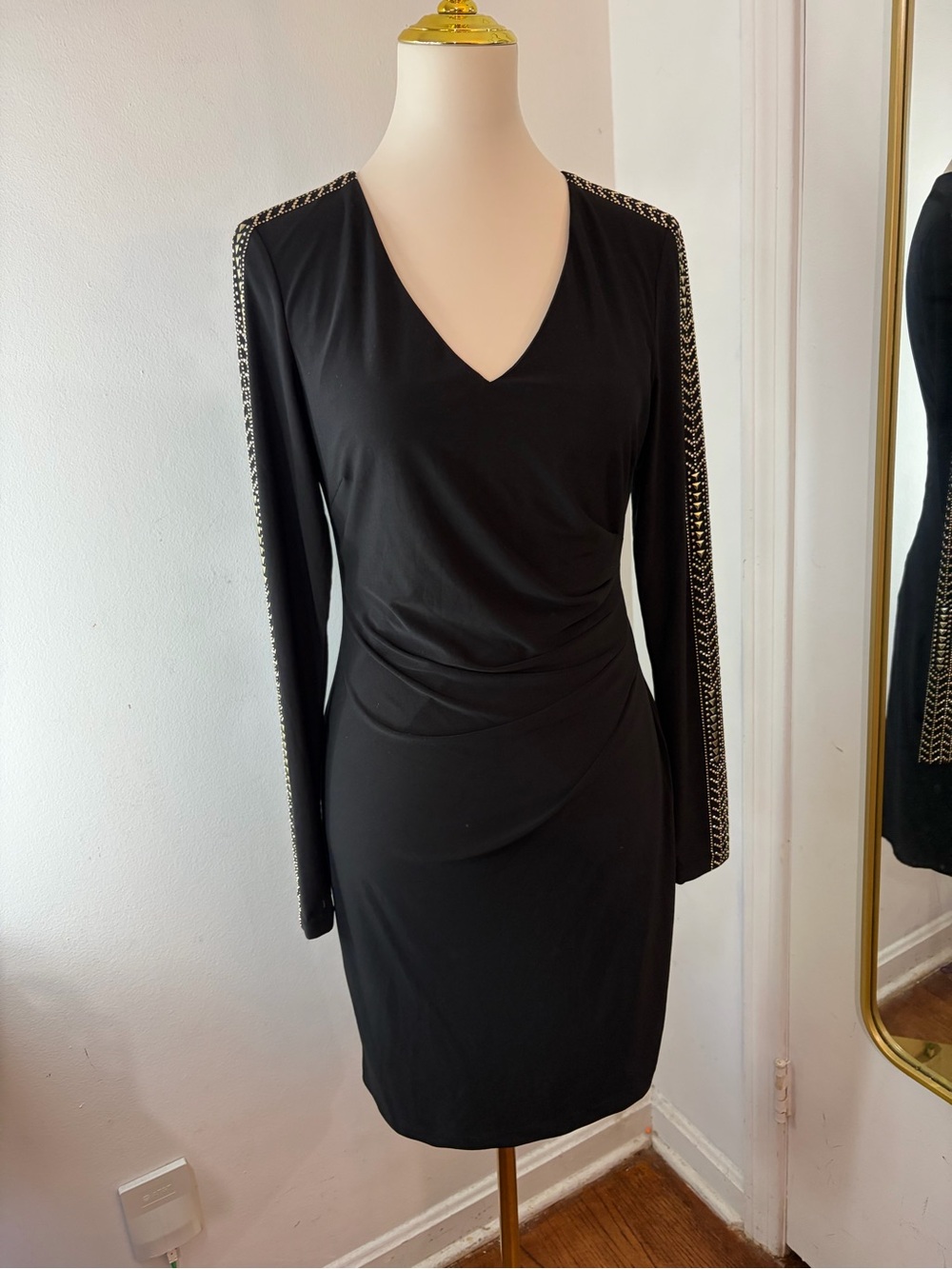 Guess Black Long Sleeve V-Neck Dress with Metallic Holiday Trim